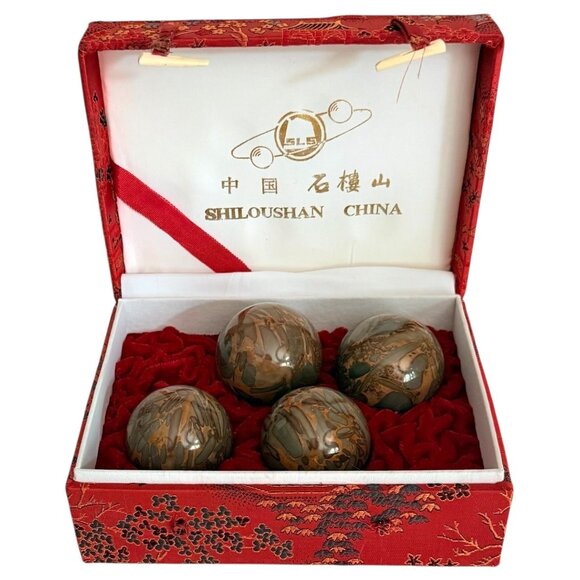 Shiloushan Baoding Balls 4 Piece Marble Stone Chinese Health Embroidered Red Box - Picture 1 of 11